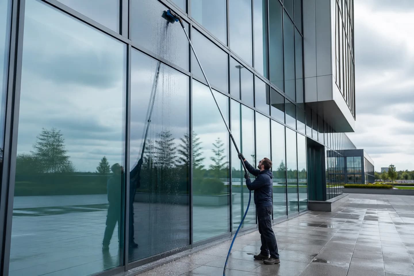 Sichere Glasreinigung an einer modernen Gewerbefassade